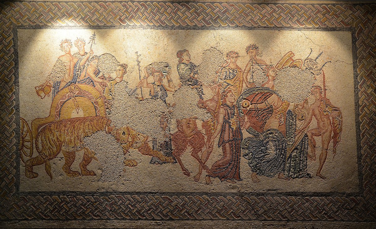 Mosaic panel depiciting the Triumph of Bacchus, from the Villa Torre de Palma near Monforte, 3rd-4th century AD, National Archaeology Museum of Lisbon, Portugal (12973853535).jpg